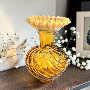 Fenton Cameo Opalescent Amber Glass Vase w/Wave Top & Spiral Design 6.5" Tall